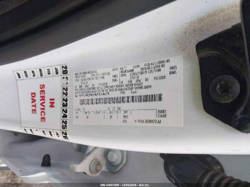 2022 Ford F-250 Xl VIN: 1FT7W2B68NEC34455 Lot: 43851599