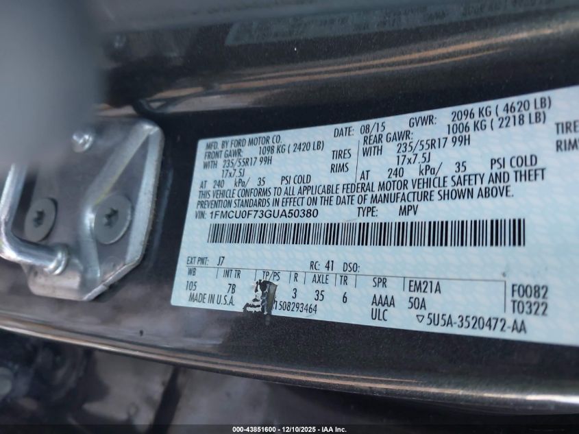 2016 Ford Escape S VIN: 1FMCU0F73GUA50380 Lot: 43851600