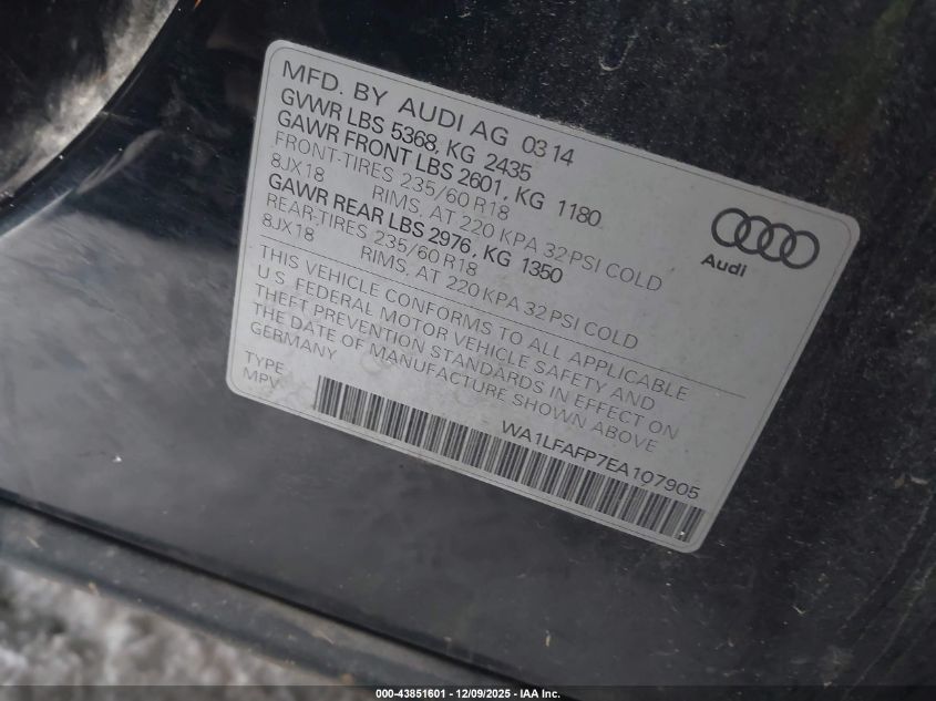 2014 Audi Q5 2.0T Premium VIN: WA1LFAFP7EA107905 Lot: 43851601