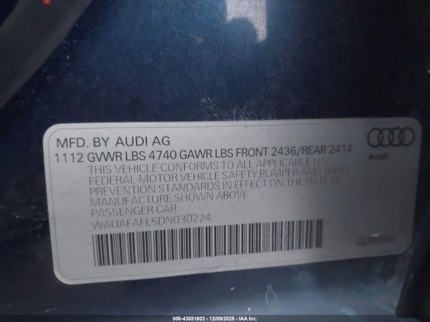2013 Audi A4 2.0T Premium VIN: WAUAFAFL5DN030224 Lot: 43851603