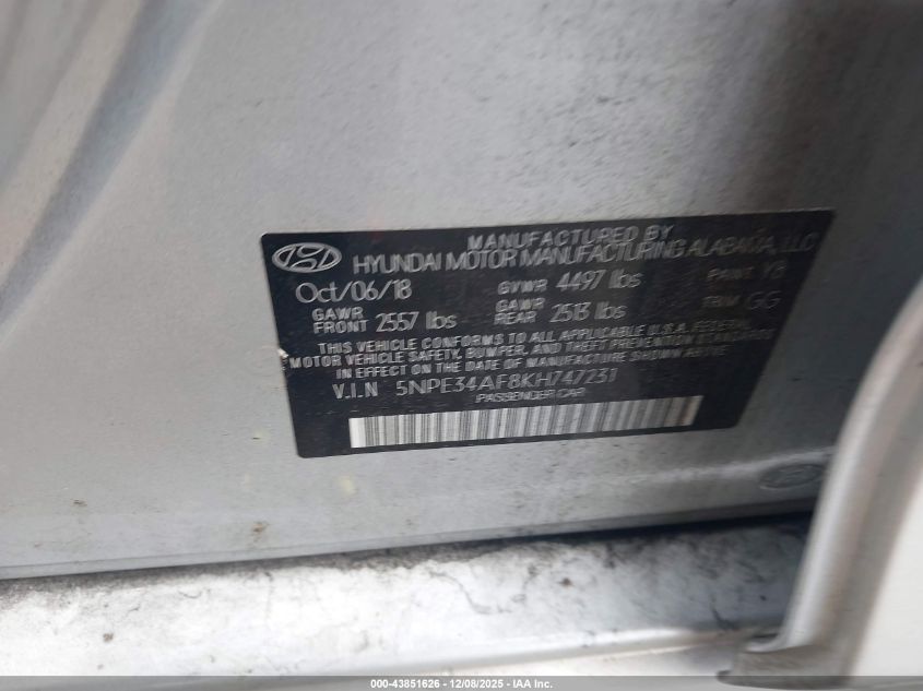 2019 Hyundai Sonata Sel VIN: 5NPE34AF8KH747231 Lot: 43851626