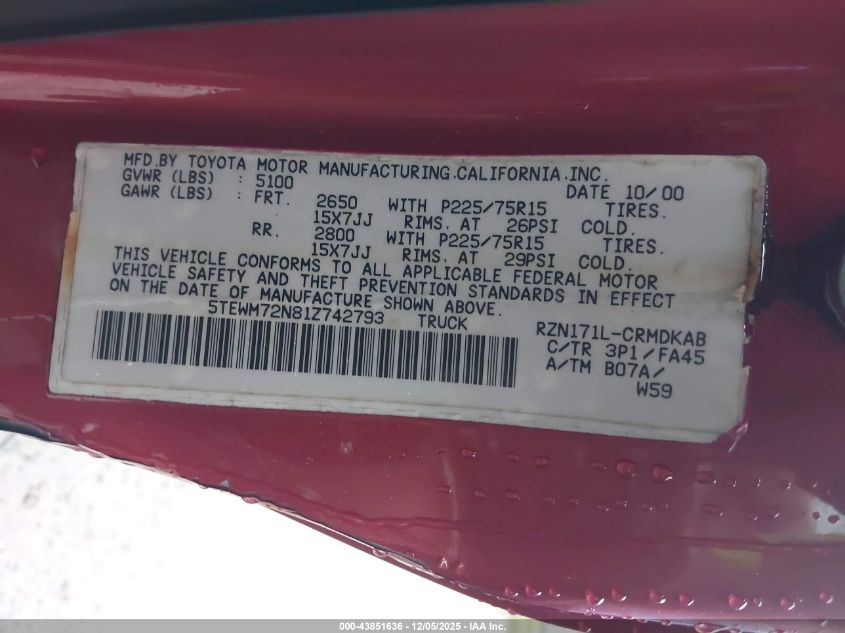 2001 Toyota Tacoma VIN: 5TEWM72N81Z742793 Lot: 43851636