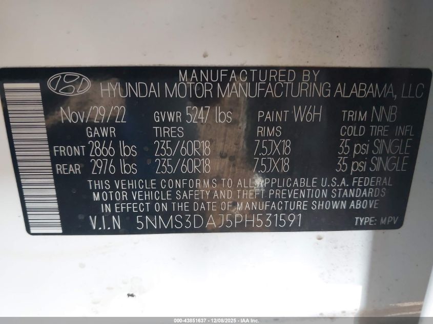 2023 Hyundai Santa Fe Sel VIN: 5NMS3DAJ5PH531591 Lot: 43851637