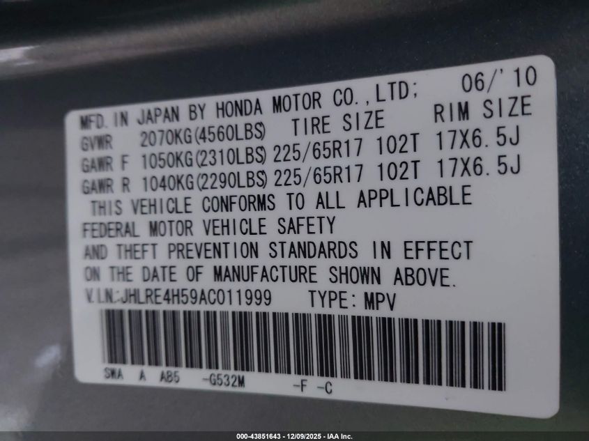 2010 Honda Cr-V Ex VIN: JHLRE4H59AC011999 Lot: 43851643