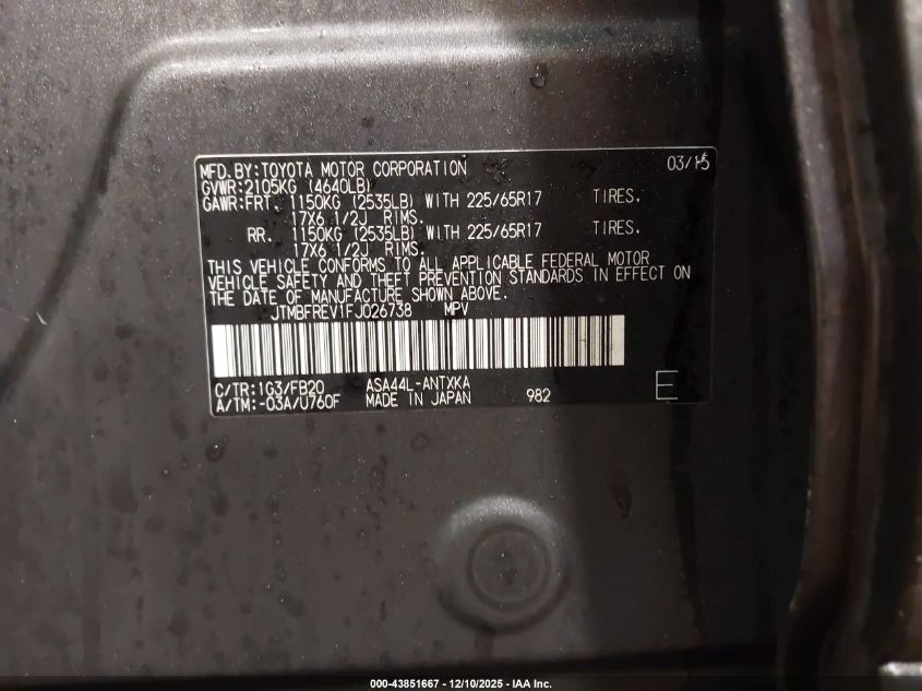 2015 Toyota Rav4 Le VIN: JTMBFREV1FJ026738 Lot: 43851667