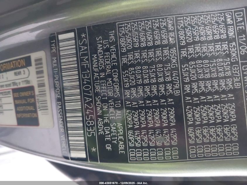 2007 Land Rover Range Rover Supercharged VIN: SALMF13407A245835 Lot: 43851678