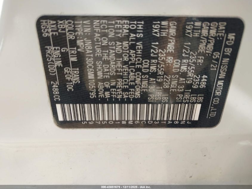 2021 Nissan Rogue Platinum Fwd VIN: JN8AT3DC6MW105795 Lot: 43851679