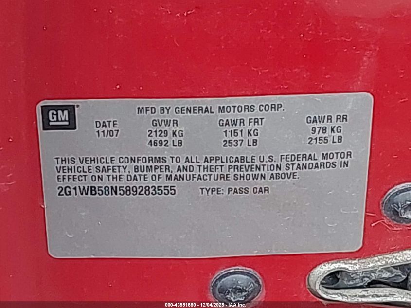 2008 Chevrolet Impala Ls VIN: 2G1WB58N589283555 Lot: 43851680