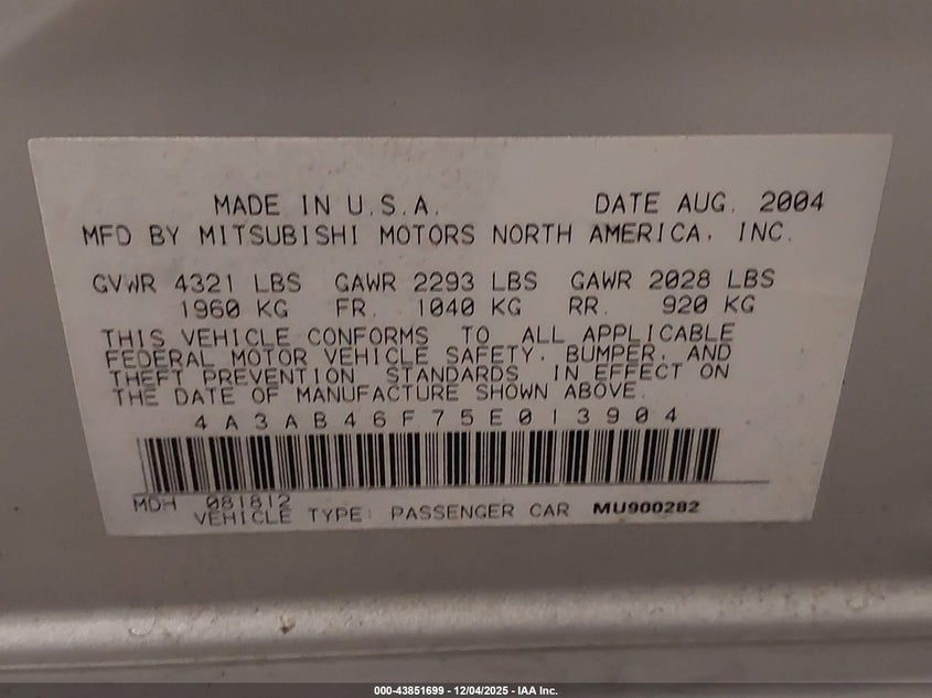 4A3AB46F75E013904 2005 MITSUBISHI GALANT photo no. 9