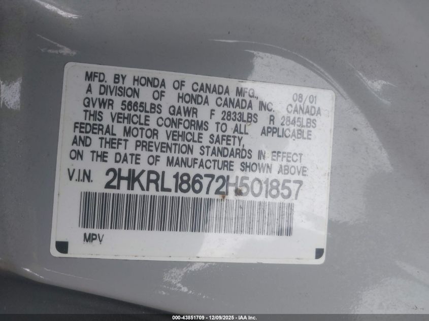 2002 Honda Odyssey Ex VIN: 2HKRL18672H501857 Lot: 43851709