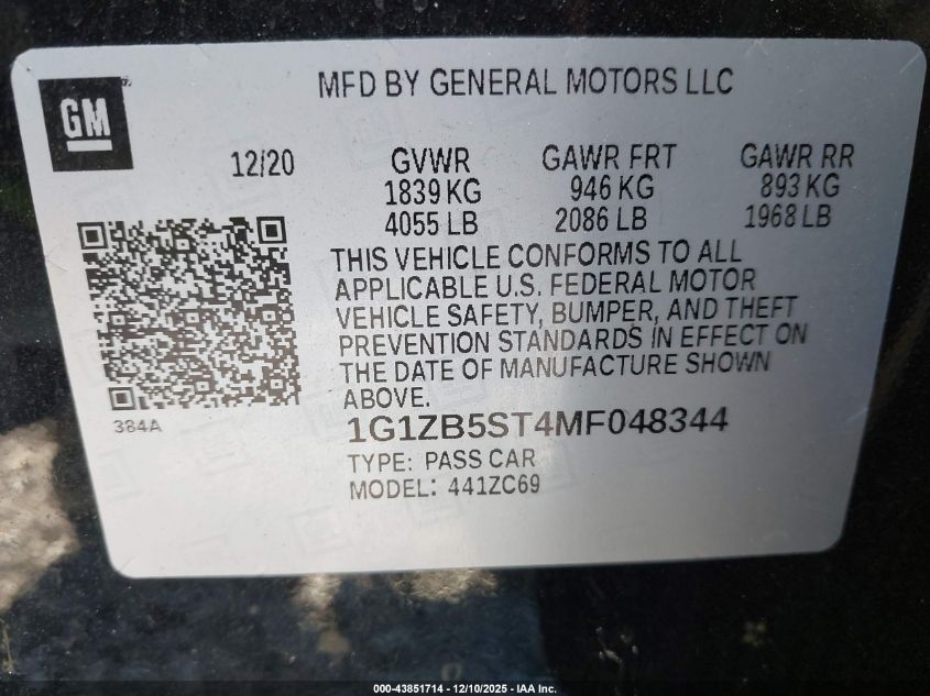 2021 Chevrolet Malibu Fwd Ls VIN: 1G1ZB5ST4MF048344 Lot: 43851714