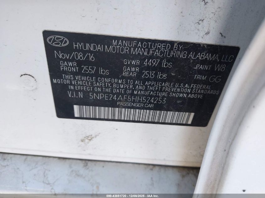 2017 Hyundai Sonata Se VIN: 5NPE24AF5HH524253 Lot: 43851720