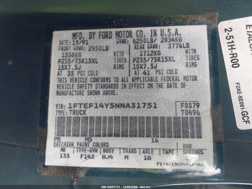 1992 Ford F150 VIN: 1FTEF14Y5NNA31751 Lot: 43851731