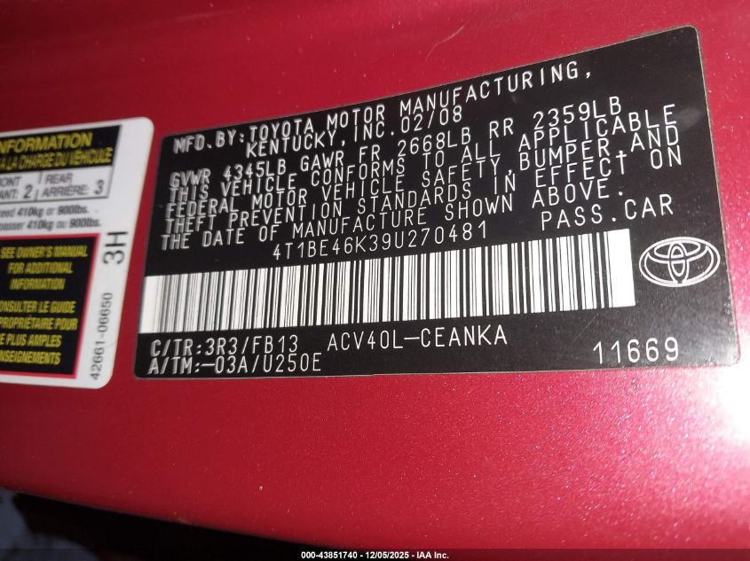 2009 Toyota Camry Le VIN: 4T1BE46K39U270481 Lot: 43851740