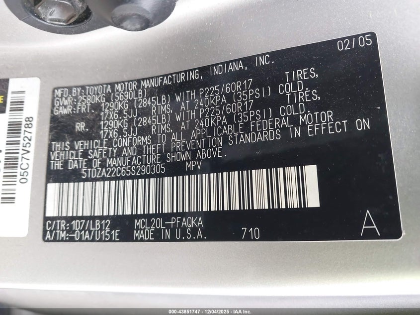 5TDZA22C65S290305 2005 TOYOTA SIENNA photo no. 9