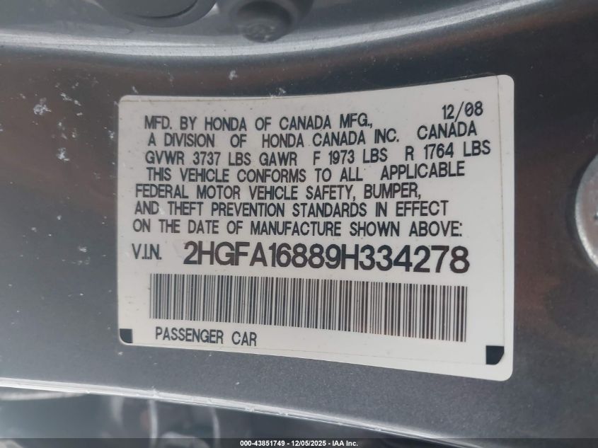 2009 Honda Civic Ex VIN: 2HGFA16889H334278 Lot: 43851749