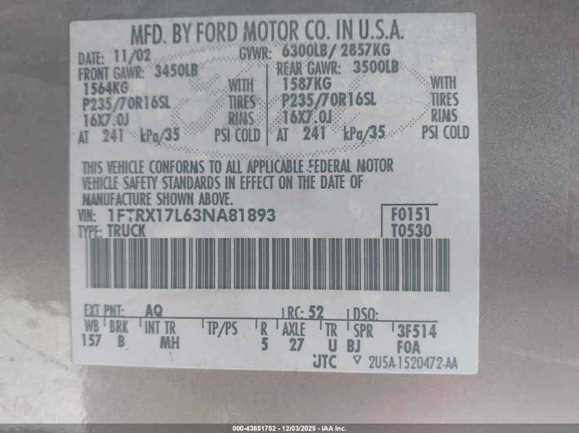 2003 Ford F-150 Lariat/Xl/Xlt VIN: 1FTRX17L63NA81893 Lot: 43851752