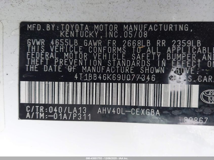 2009 Toyota Camry Hybrid VIN: 4T1BB46K69U077346 Lot: 43851753