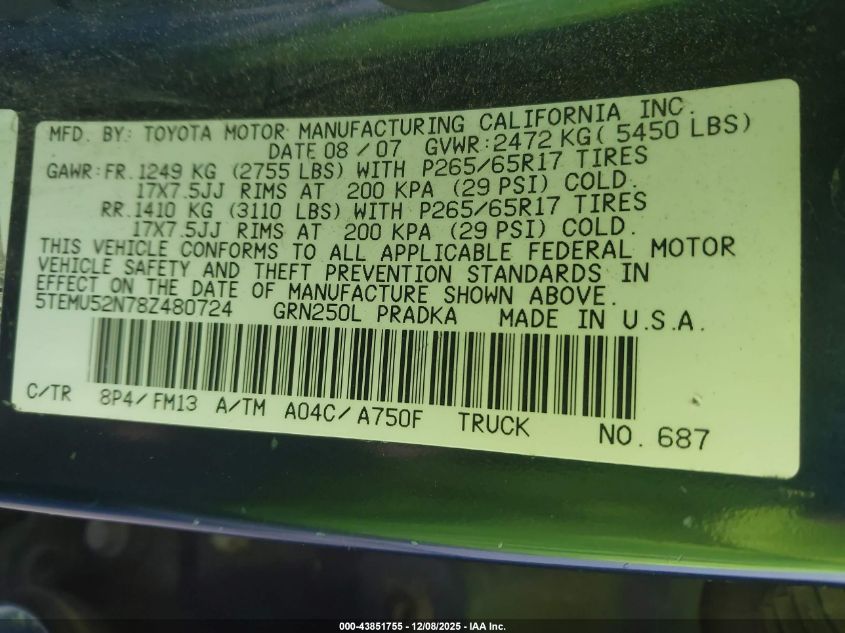 2008 Toyota Tacoma Base V6 VIN: 5TEMU52N78Z480724 Lot: 43851755