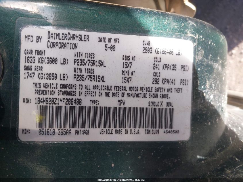 2000 Dodge Durango VIN: 1B4HS28Z1YF286488 Lot: 43851756