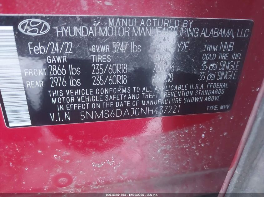 2022 Hyundai Santa Fe Xrt VIN: 5NMS6DAJ0NH437221 Lot: 43851764