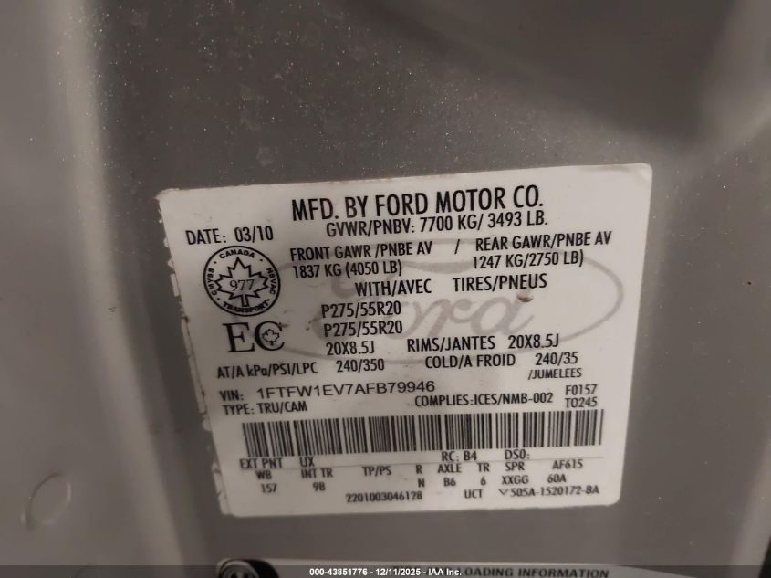 2010 Ford F-150 Fx4/Harley-Davidson/King Ranch/Lariat/Platinum/Xl/Xlt VIN: 1FTFW1EV7AFB79946 Lot: 43851776