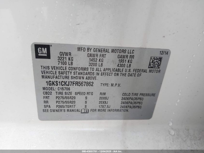 2015 GMC Yukon Denali VIN: 1GKS1CKJ7FR567862 Lot: 43851781