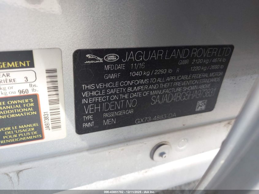 2017 Jaguar Xe 25T Premium VIN: SAJAD4BG5HA973831 Lot: 43851782