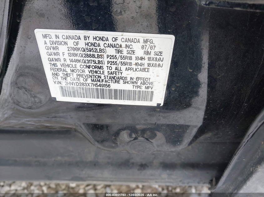 2HNYD283X7H549156 2007 ACURA MDX photo no. 9