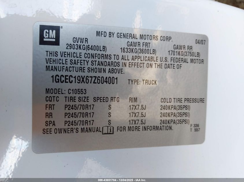 2007 Chevrolet Silverado 1500 Work Truck VIN: 1GCEC19X67Z604001 Lot: 43851784
