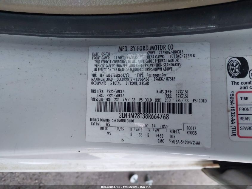 2008 Lincoln Mkz VIN: 3LNHM28T38R664768 Lot: 43851785