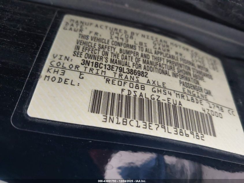 2009 Nissan Versa 1.8Sl VIN: 3N1BC13E79L386982 Lot: 43851793