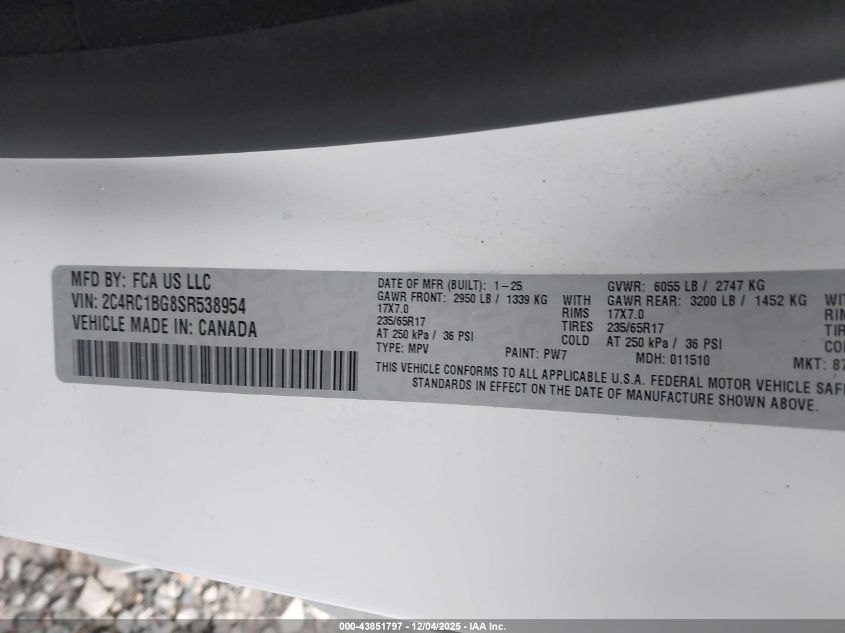 2025 Chrysler Pacifica Select VIN: 2C4RC1BG8SR538954 Lot: 43851797