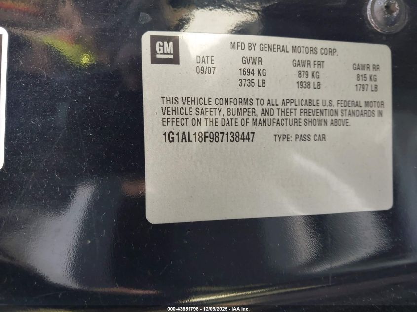 2008 Chevrolet Cobalt Lt VIN: 1G1AL18F987138447 Lot: 43851798