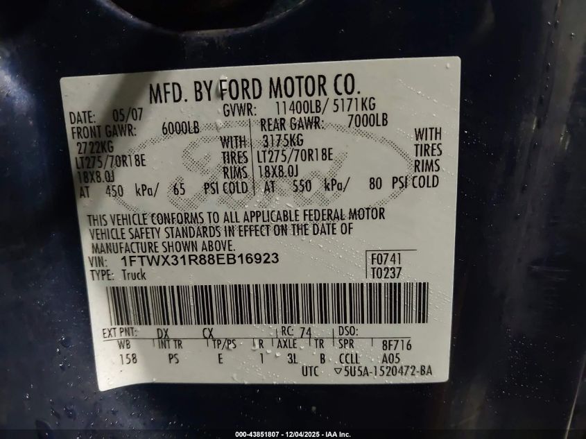 2008 Ford F-350 Fx4/Lariat/Xl/Xlt VIN: 1FTWX31R88EB16923 Lot: 43851807