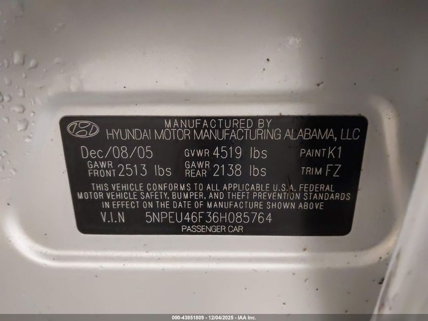 2006 Hyundai Sonata Gls V6/Lx V6 VIN: 5NPEU46F36H085764 Lot: 43851809