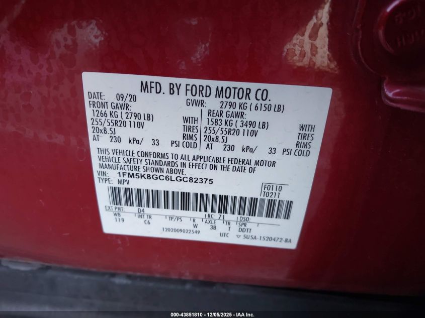 2020 Ford Explorer St VIN: 1FM5K8GC6LGC82375 Lot: 43851810