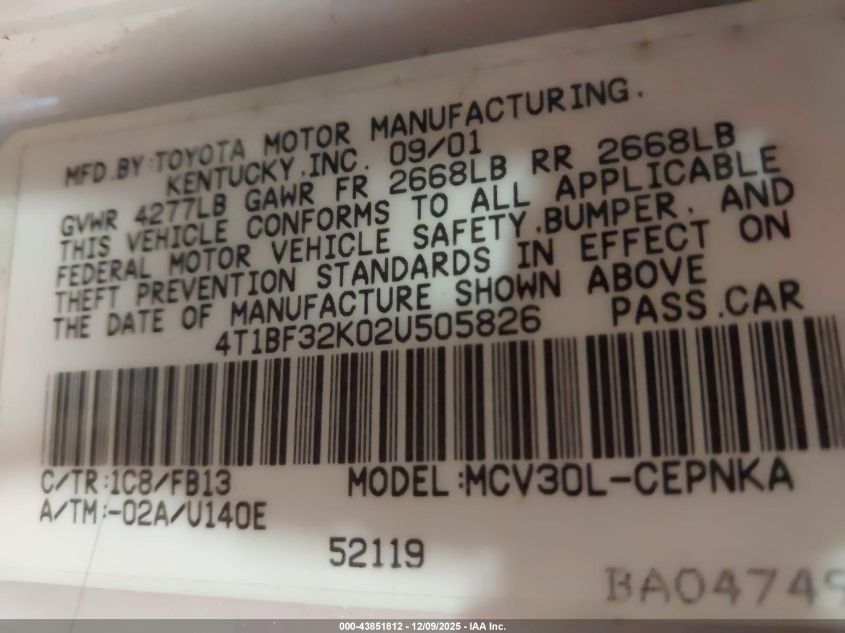 2002 Toyota Camry Le V6 VIN: 4T1BF32K02U505826 Lot: 43851812