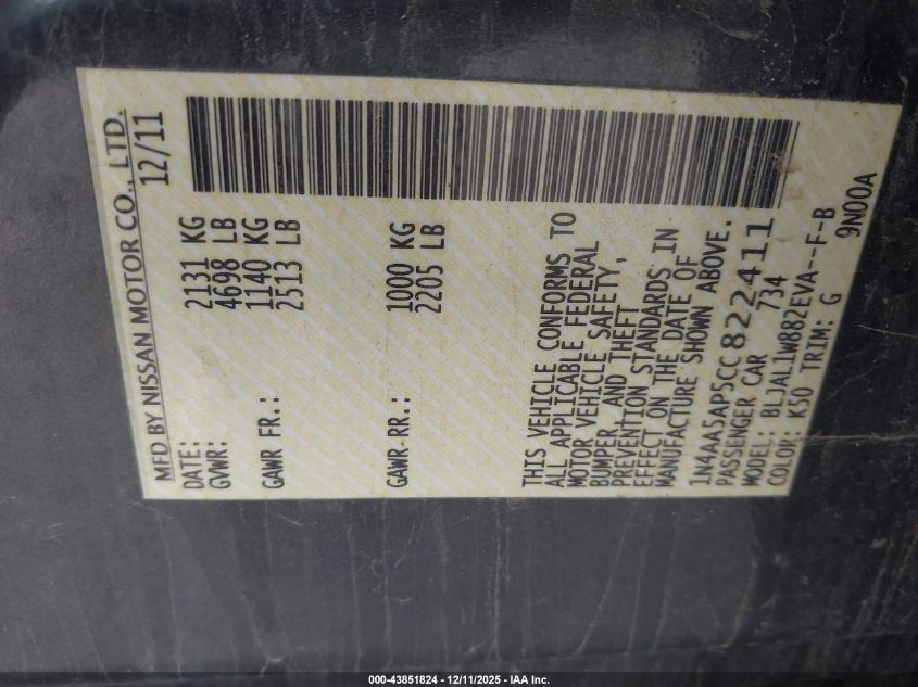 2012 Nissan Maxima 3.5 Sv VIN: 1N4AA5AP5CC822411 Lot: 43851824