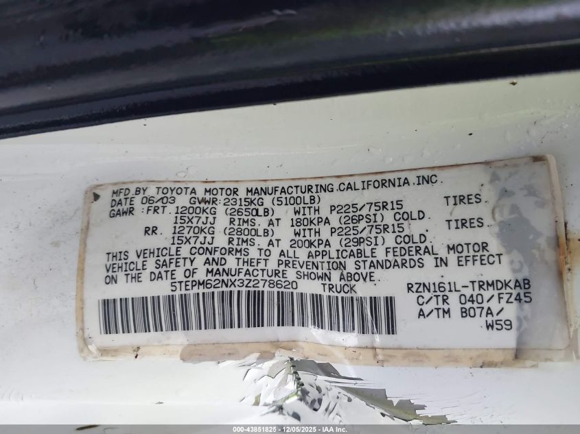 2003 Toyota Tacoma VIN: 5TEPM62NX3Z278620 Lot: 43851825