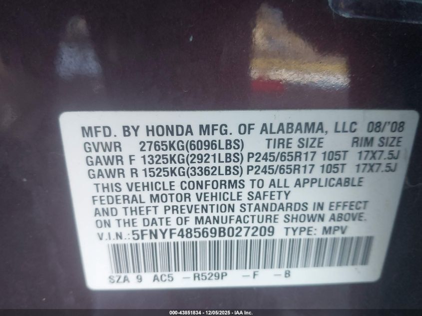 2009 Honda Pilot Ex-L VIN: 5FNYF48569B027209 Lot: 43851834