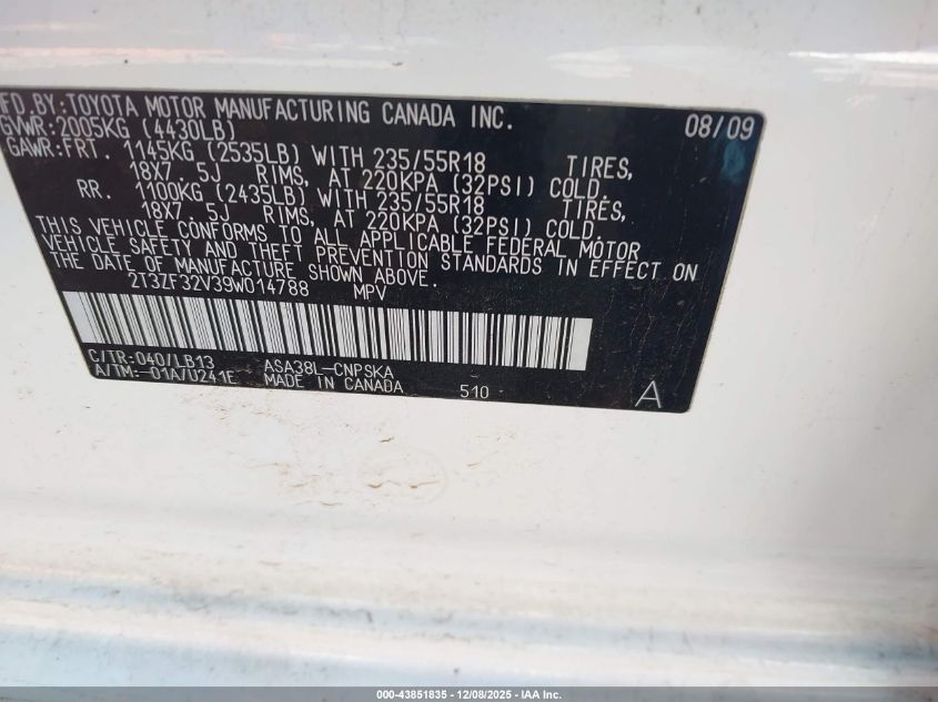 2009 Toyota Rav4 Sport VIN: 2T3ZF32V39W014788 Lot: 43851835