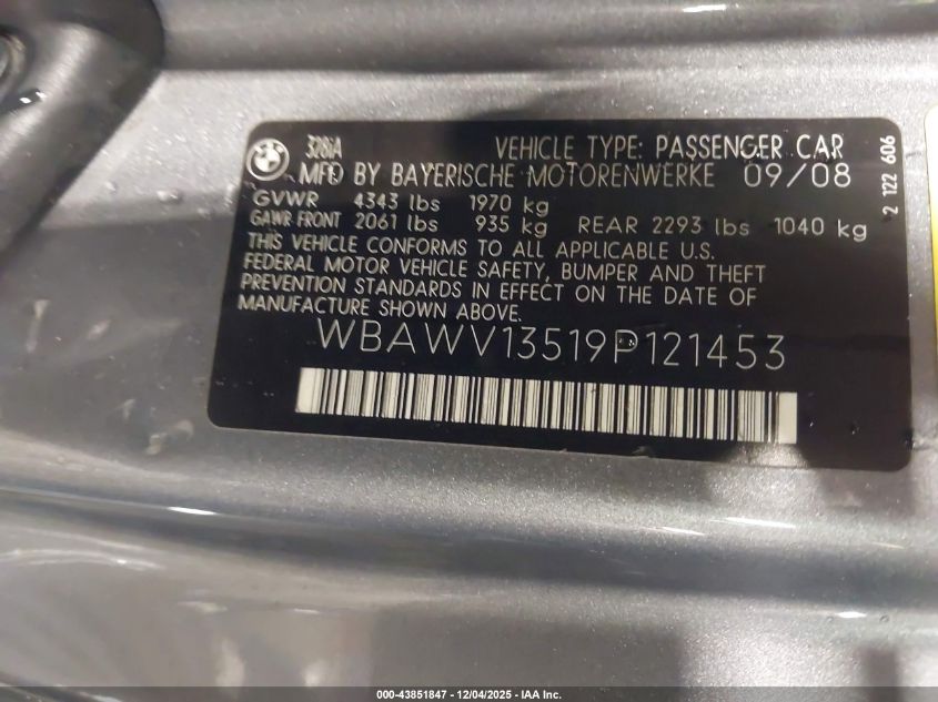 2009 BMW 328I VIN: WBAWV13519P121453 Lot: 43851847