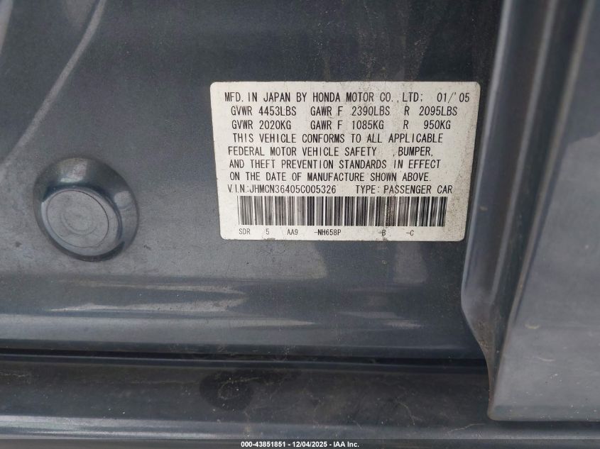 2005 Honda Accord Hybrid Ima VIN: JHMCN36405C005326 Lot: 43851851