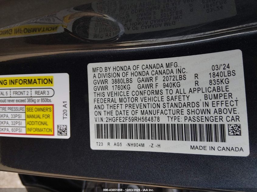 2024 Honda Civic VIN: 28GFE2F59RH564878 Lot: 43851858