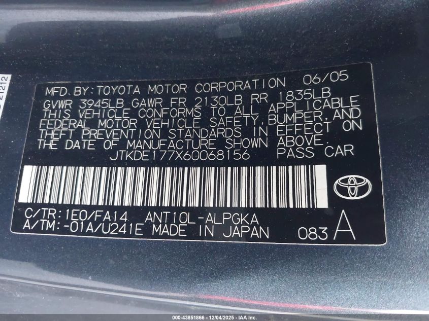 2006 Scion Tc VIN: JTKDE177X60068156 Lot: 43851866