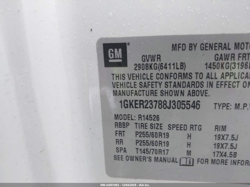 2008 GMC Acadia Slt-1 VIN: 1GKER23788J305546 Lot: 43851882