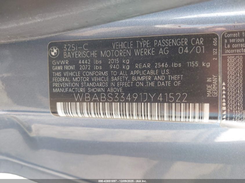 2001 BMW 325Ci VIN: WBABS33491JY41522 Lot: 43851897
