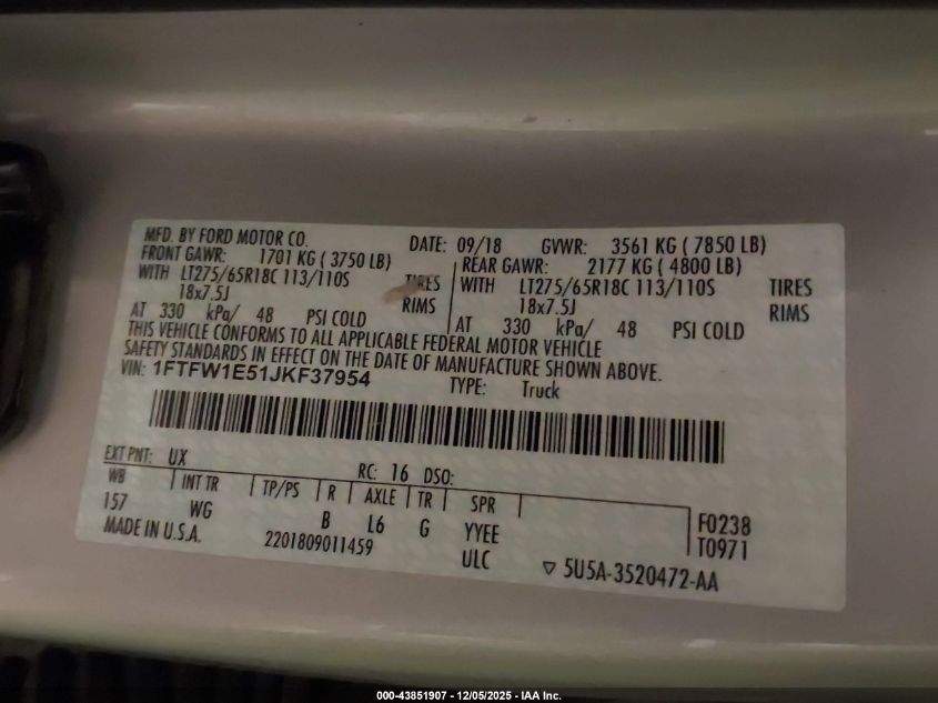 2018 Ford F-150 Xl VIN: 1FTFW1E51JKF37954 Lot: 43851907