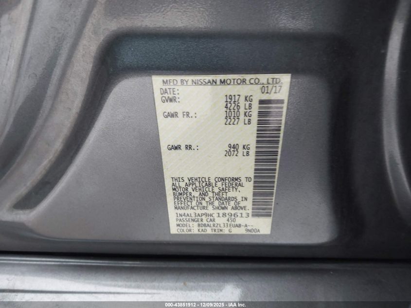 2017 Nissan Altima 2.5 Sl VIN: 1N4AL3AP9HC189613 Lot: 43851912